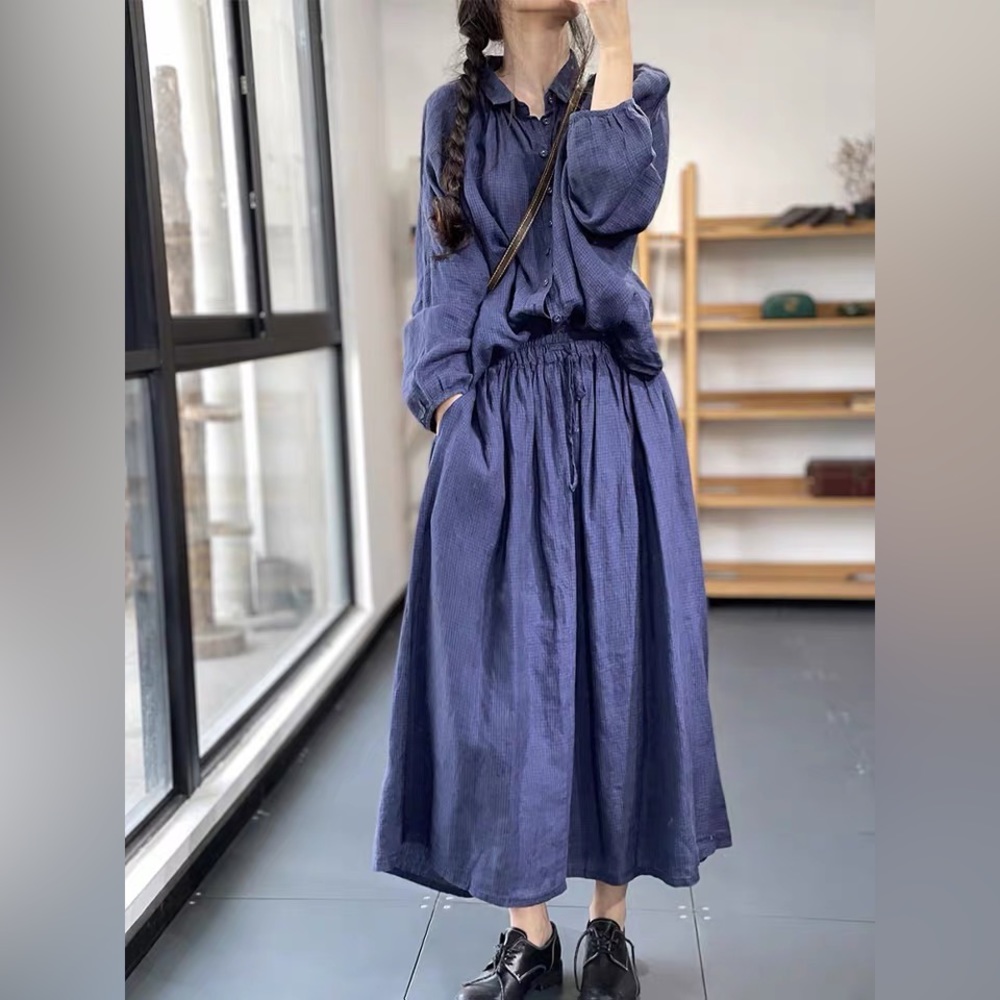 Minimalist Linen Plaid Cotton Blue Shirt + skirt